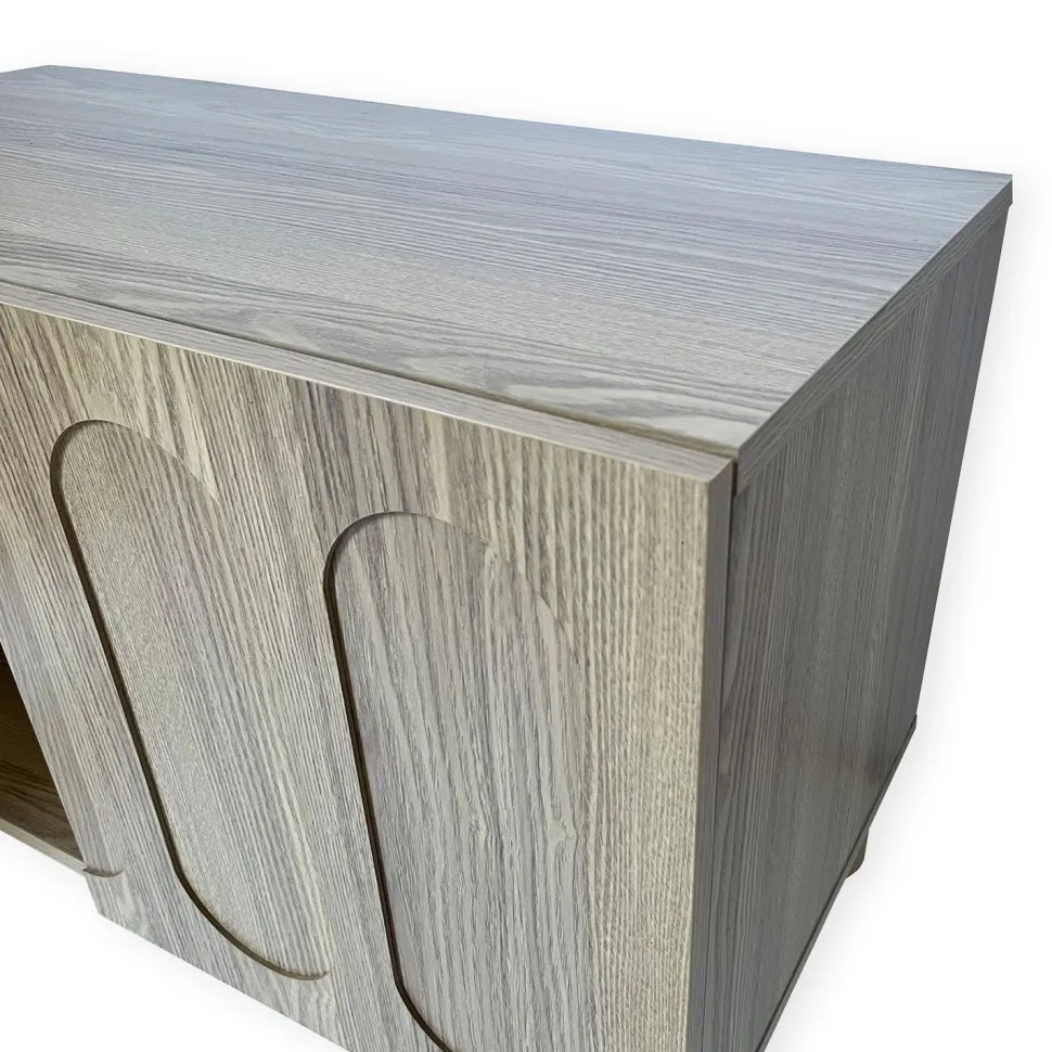 Petit buffet rétro-moderne avec portes sculptées Durand L80cm Chêne grisé