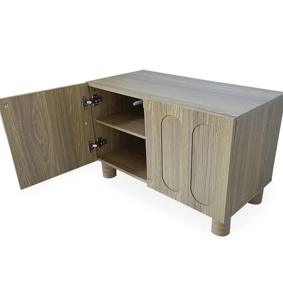 Petit buffet rétro-moderne avec portes sculptées Durand L80cm Chêne grisé