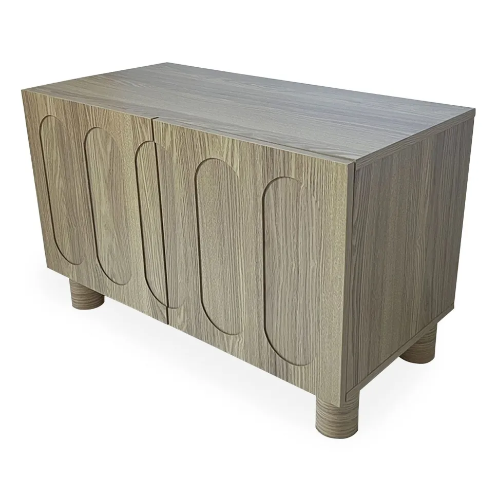 Petit buffet rétro-moderne avec portes sculptées Durand L80cm Chêne grisé