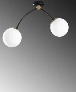 Plafonnier 2 lampes arcs asymétriques Gabilan Verre Blanc et Métal Noir et Or