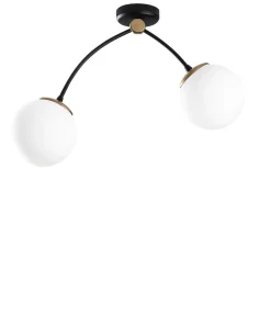 Plafonnier 2 lampes arcs asymétriques Gabilan Verre Blanc et Métal Noir et Or