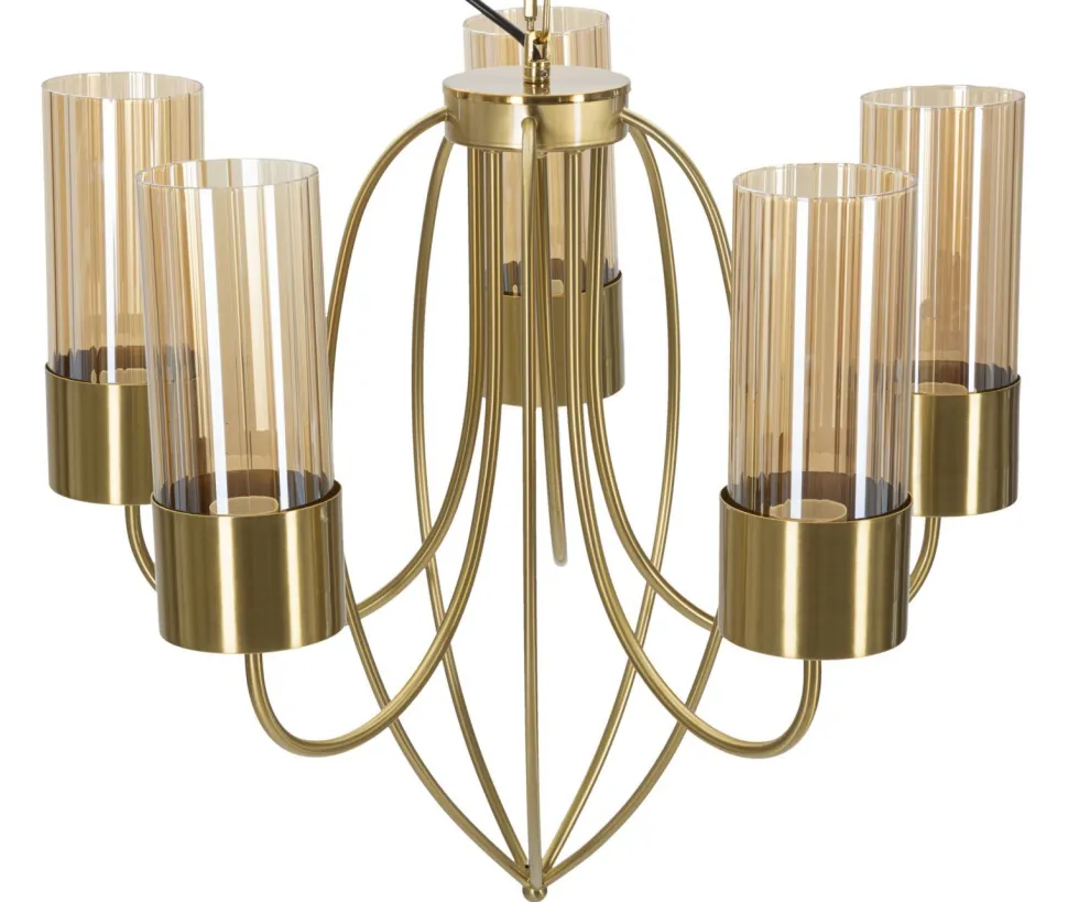 Plafonnier 5 lumières Versailles Métal Doré Verre Transparent
