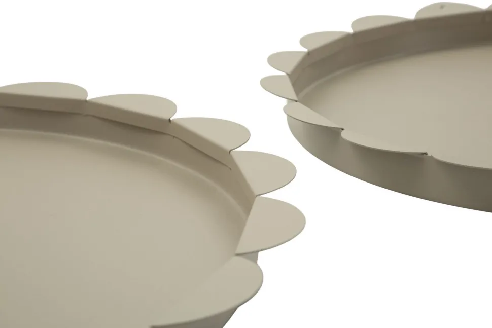 Plateau rond gris colombe set de 2 pièces métal bord ondulé