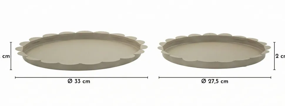 Plateau rond gris colombe set de 2 pièces métal bord ondulé