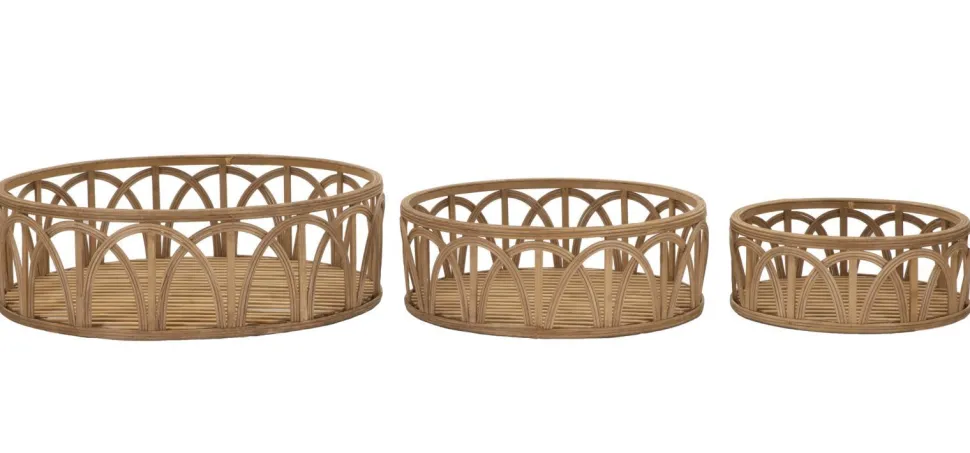 Plateaux ronds en rotin tressé marron ensemble 3 pcs