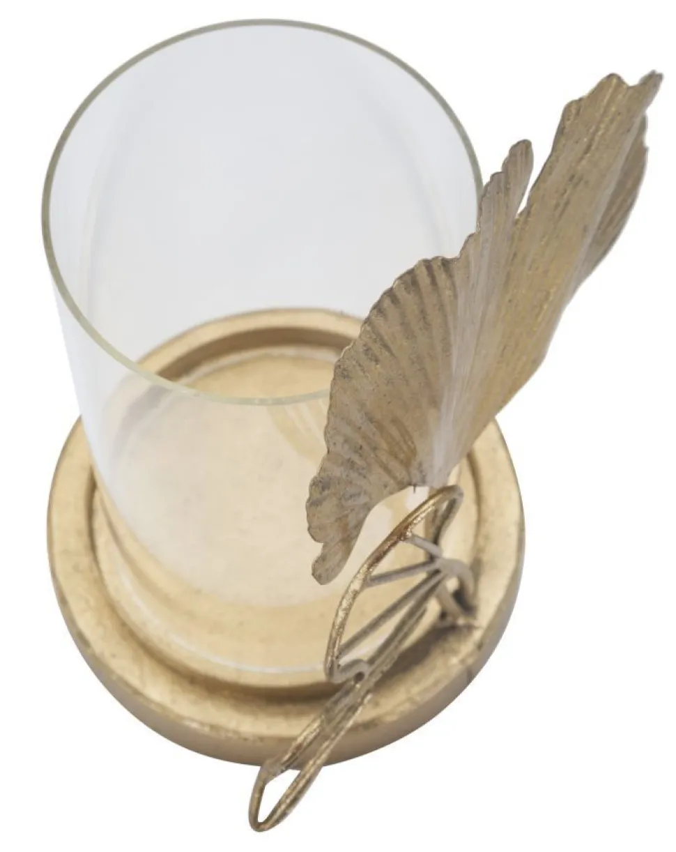 Porte-bougie en métal doré design feuilles et verre