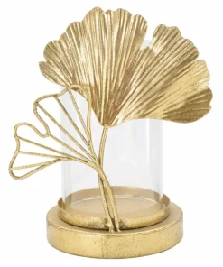 Porte-bougie en métal doré design feuilles et verre