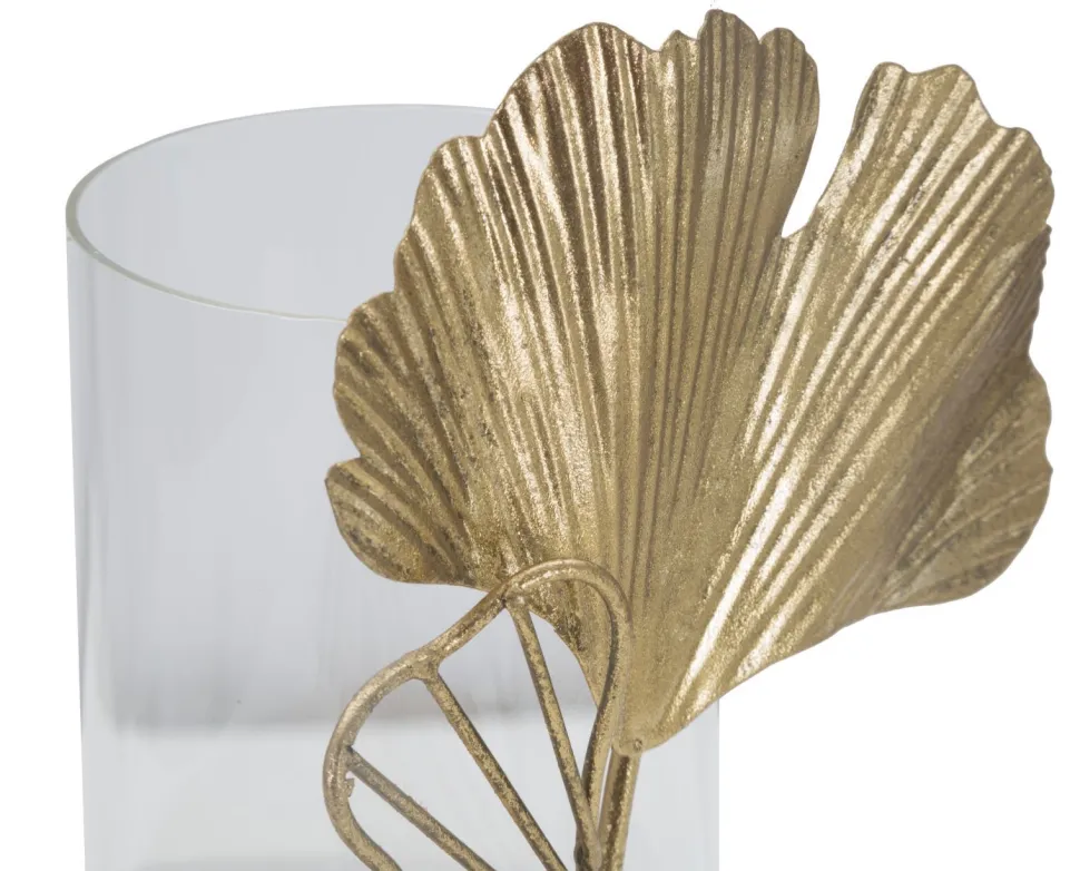 Porte-bougie en métal doré design feuilles et verre