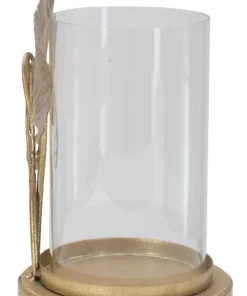 Porte-bougie en métal doré design feuilles et verre