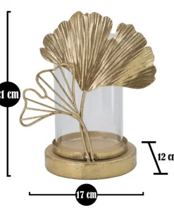 Porte-bougie en métal doré design feuilles et verre