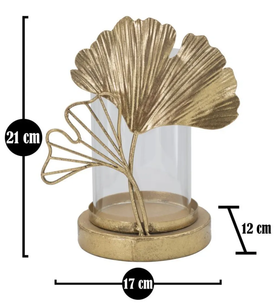 Porte-bougie en métal doré design feuilles et verre