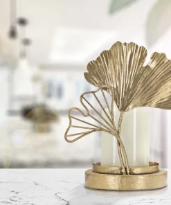 Porte-bougie en métal doré design feuilles et verre