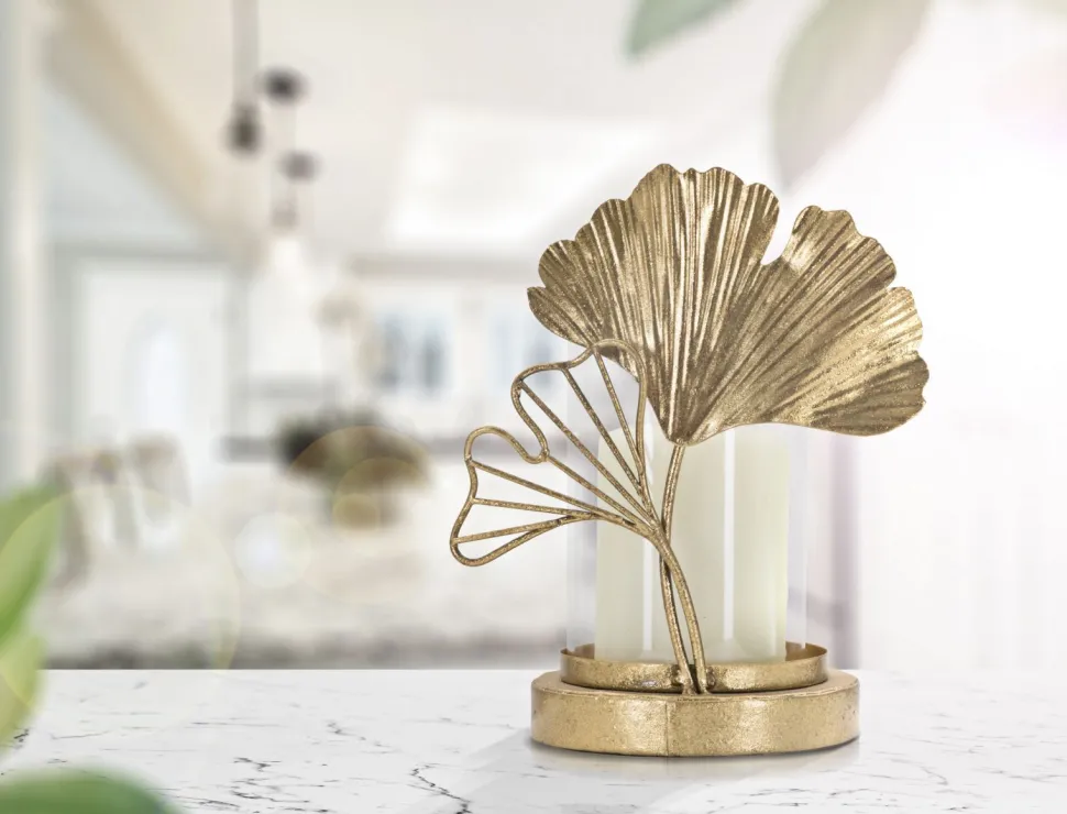 Porte-bougie en métal doré design feuilles et verre