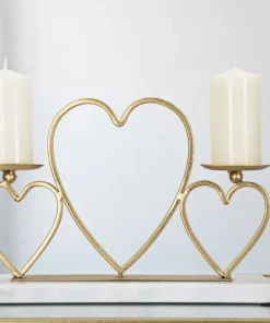 Porte-bougie en métal doré et marbre blanc design cœurs
