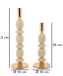 Porte-bougie ensemble 2 pcs Crème détails dorés