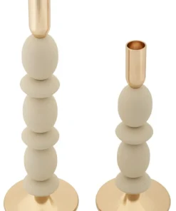 Porte-bougie ensemble 2 pcs Crème détails dorés