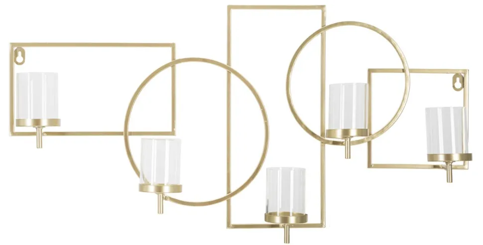 Porte-bougie mural géométrique en métal doré et verre transparent 5 lumières
