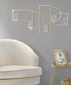 Porte-bougie mural géométrique en métal doré et verre transparent 5 lumières