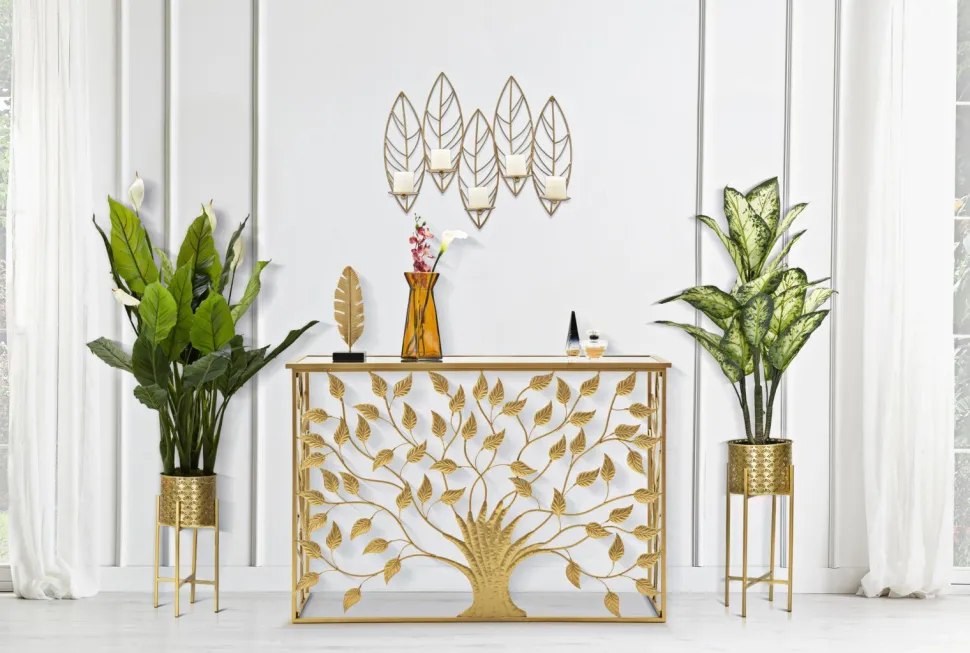 Porte-bougie mural métal doré design feuilles 5 bougies