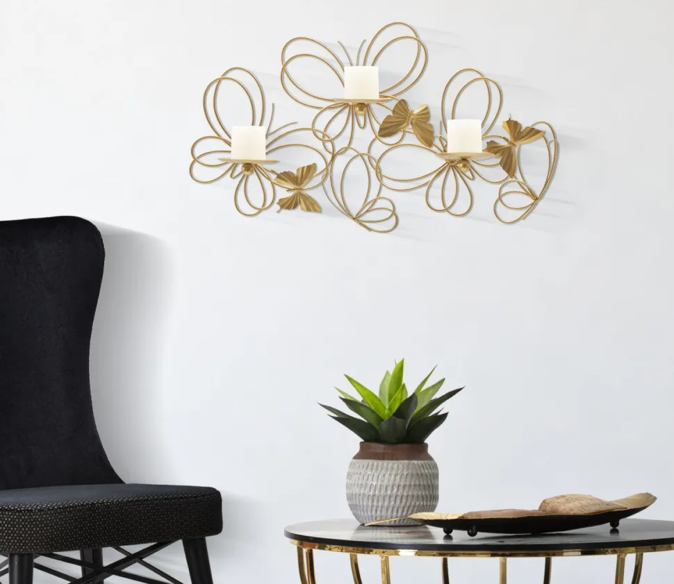 Porte-bougie mural Papillons Métal Doré Verre