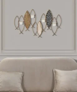 Porte-bougie mural Poisson en métal et verre multicolore