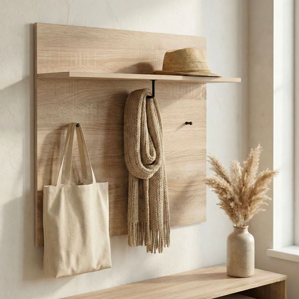 Portemanteau mural avec étagère et 3 patères Irysel 80x80cm Bois sonoma