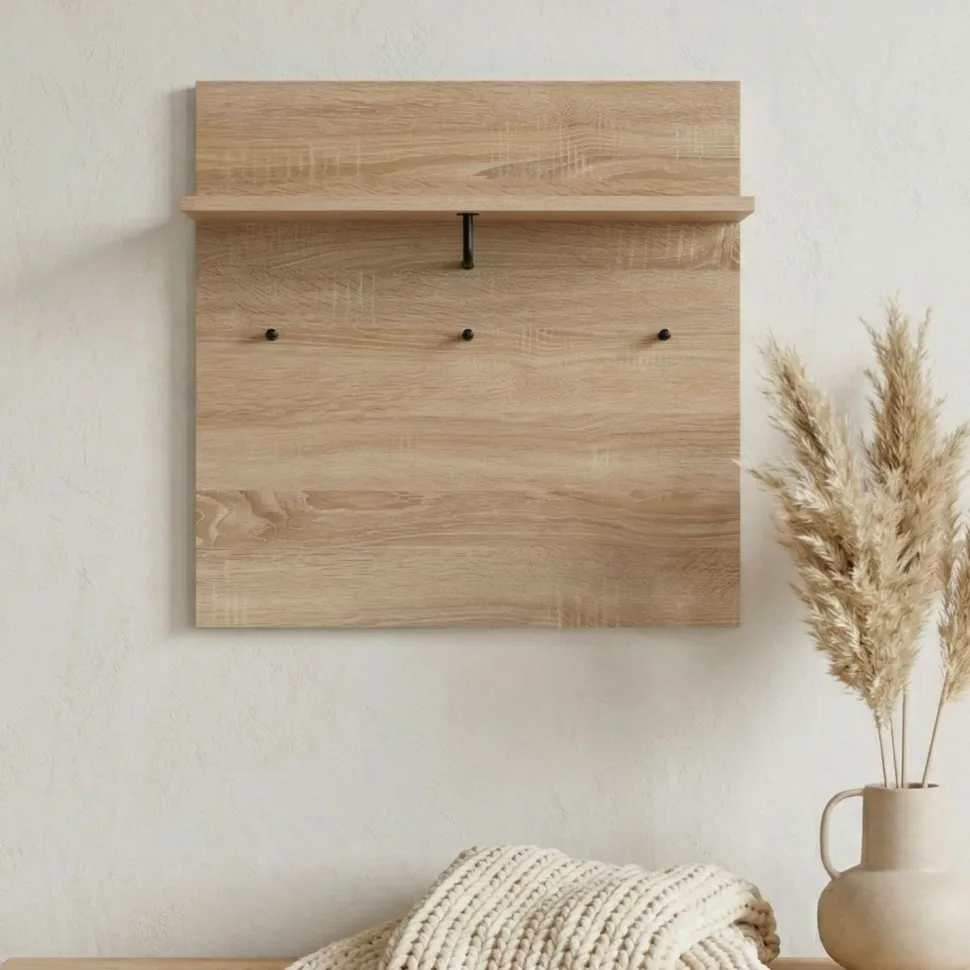 Portemanteau mural avec étagère et 3 patères Irysel 80x80cm Bois sonoma