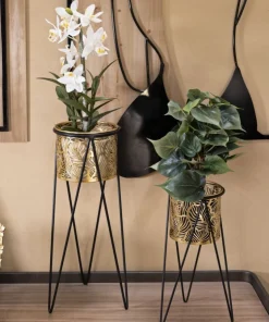 Porte-vase ensemble 2 pièces métal doré et support métal noir