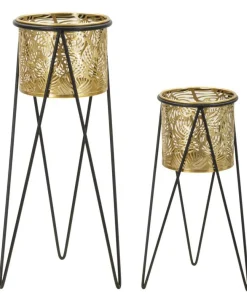 Porte-vase ensemble 2 pièces métal doré et support métal noir