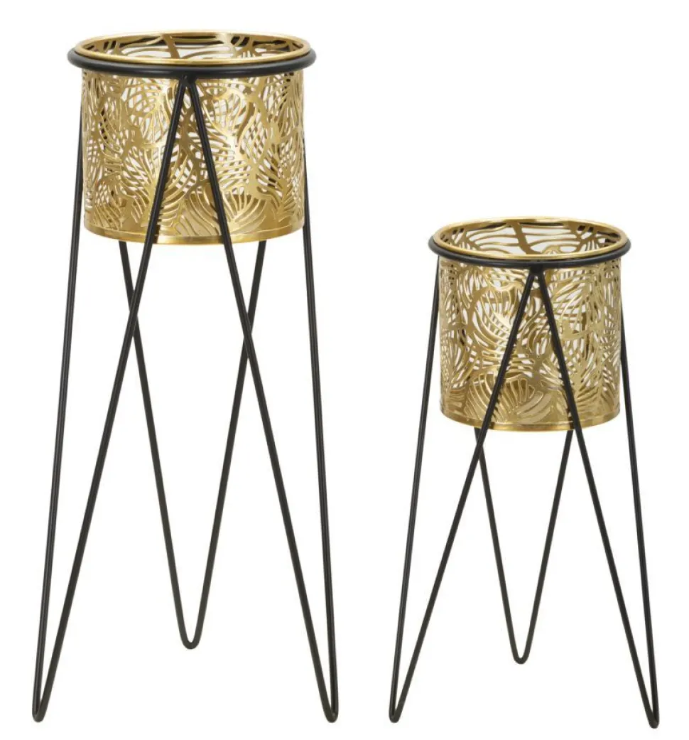Porte-vase ensemble 2 pièces métal doré et support métal noir