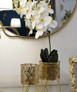 Porte-vase set de 2 en métal doré décoré de feuilles