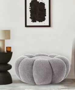 Pouf design fleur Arielina Tissu bouclette Gris