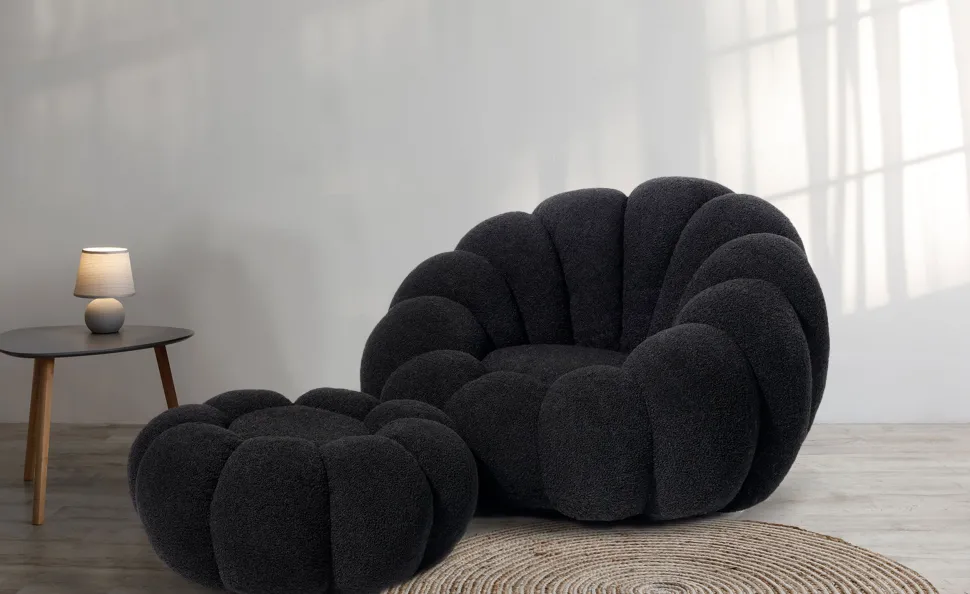 Pouf design fleur Arielina Tissu bouclette Noir