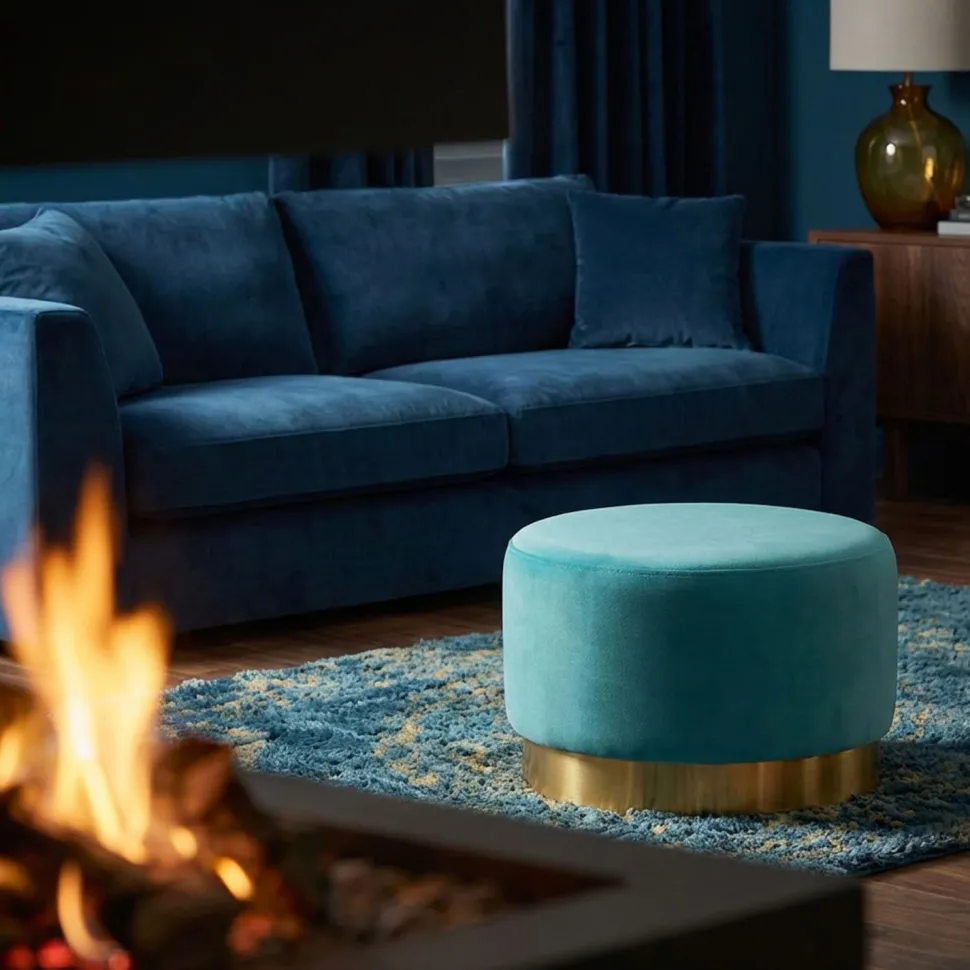 Pouf Rond Daisy Velours Menthe Pied Or