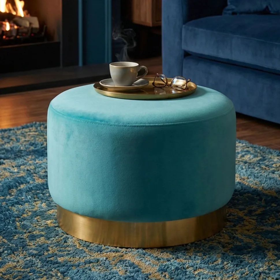 Pouf Rond Daisy Velours Menthe Pied Or