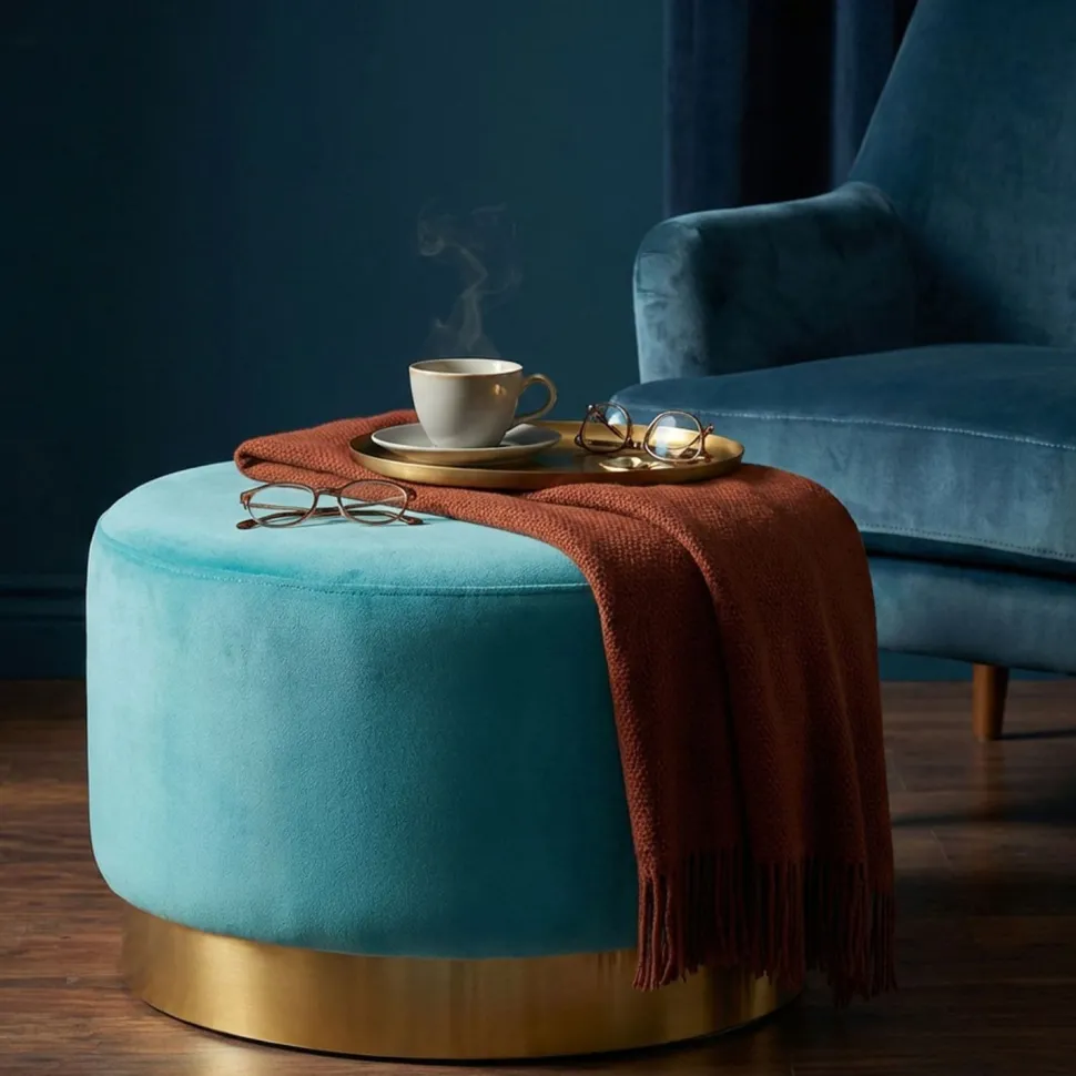 Pouf Rond Daisy Velours Menthe Pied Or