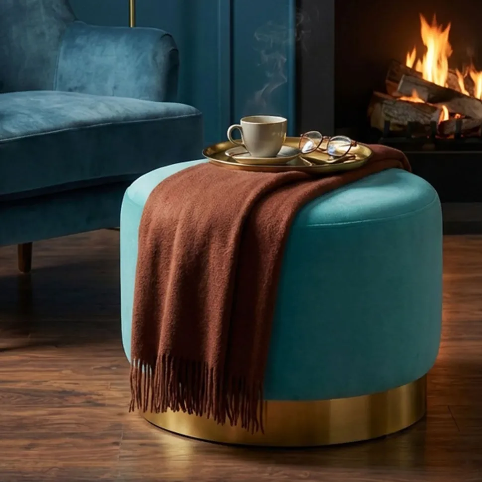 Pouf Rond Daisy Velours Menthe Pied Or