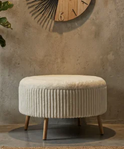 Pouf rond Gothenburg Tissu bouclette Crème pieds Bois Clair