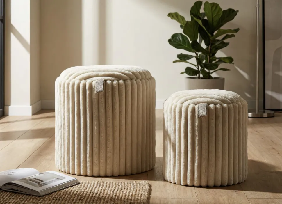 Poufs Gothenburg 2 pièces Cylindriques Tissu Crème