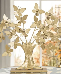 Sculpture arbre en fer doré avec papillons