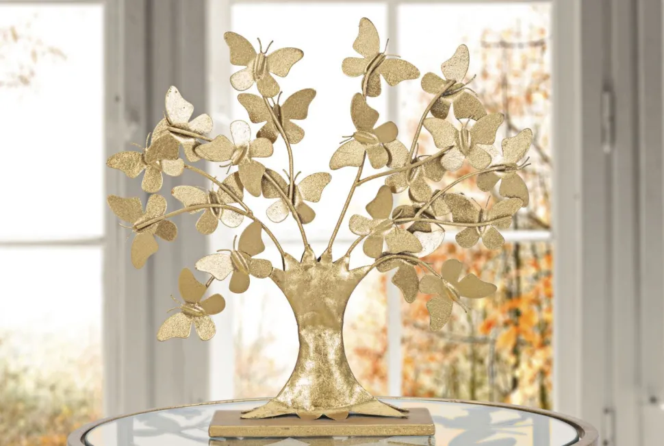 Sculpture arbre en fer doré avec papillons