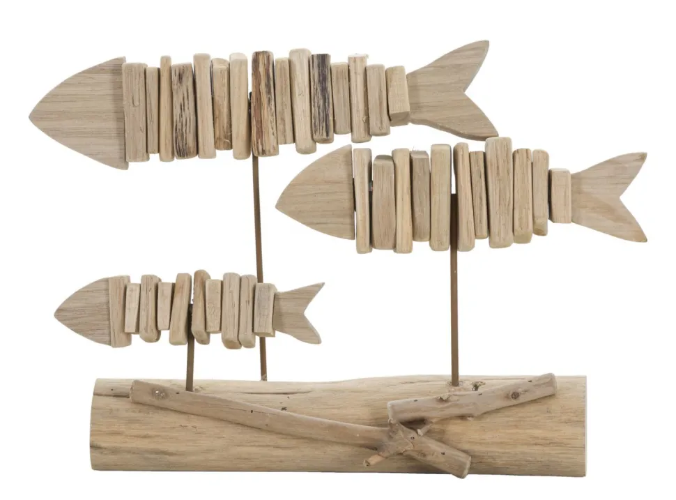 Sculpture poisson en bois massif socle bois naturel