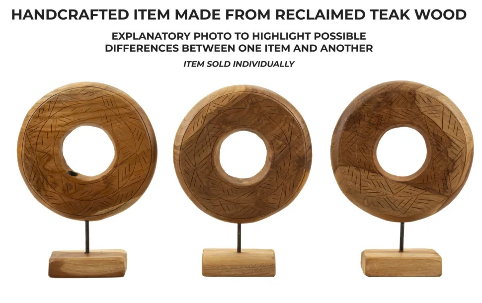 Sculpture ronde Teck recyclé motifs irréguliers marron socle en bois