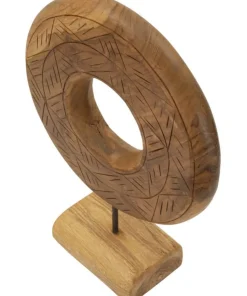 Sculpture ronde Teck recyclé motifs irréguliers marron socle en bois