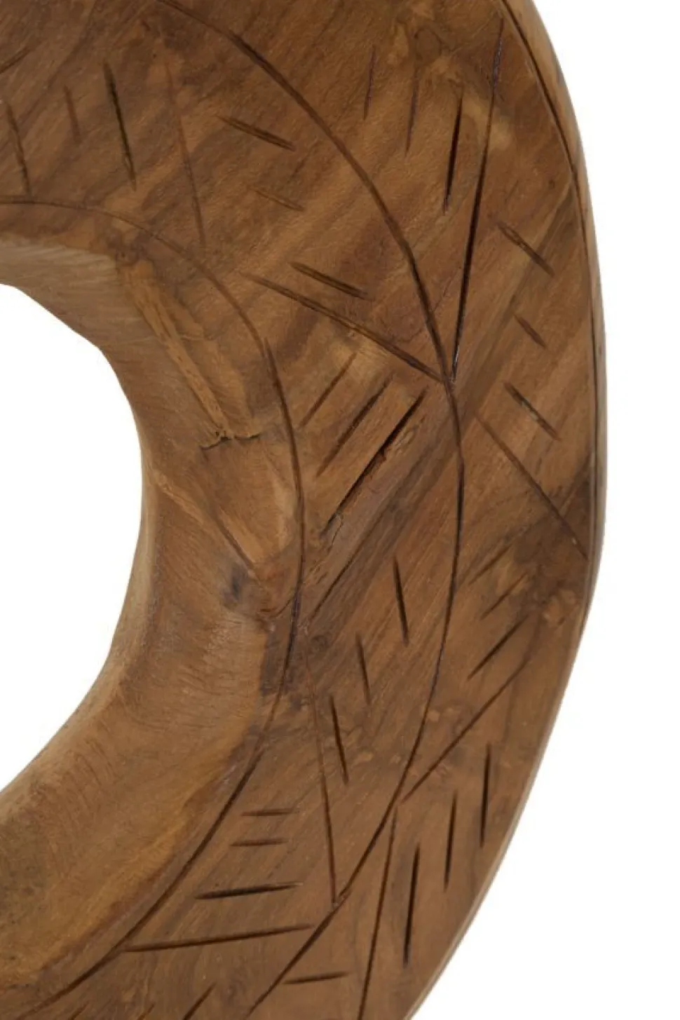 Sculpture ronde Teck recyclé motifs irréguliers marron socle en bois