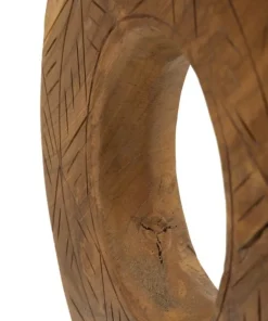 Sculpture ronde Teck recyclé motifs irréguliers marron socle en bois