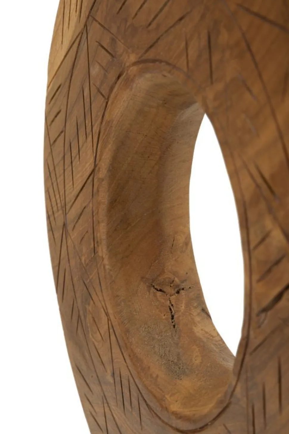 Sculpture ronde Teck recyclé motifs irréguliers marron socle en bois