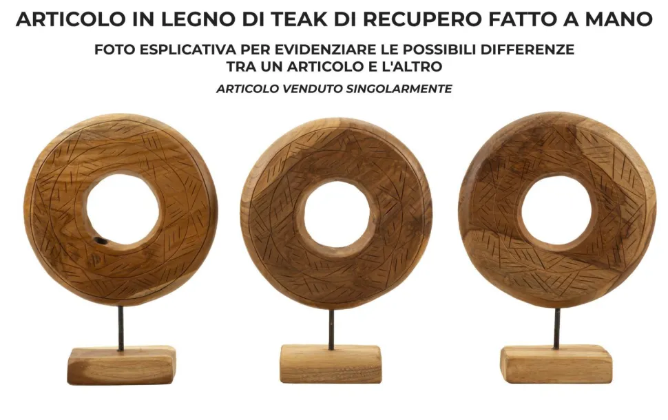 Sculpture ronde Teck recyclé motifs irréguliers marron socle en bois