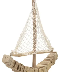 Sculpture voilier en bois voile tissu base bois massif