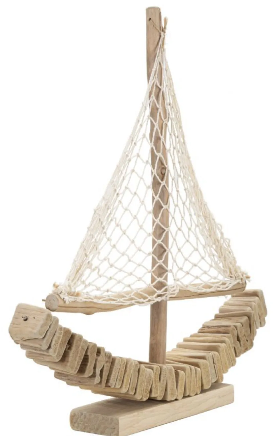 Sculpture voilier en bois voile tissu base bois massif